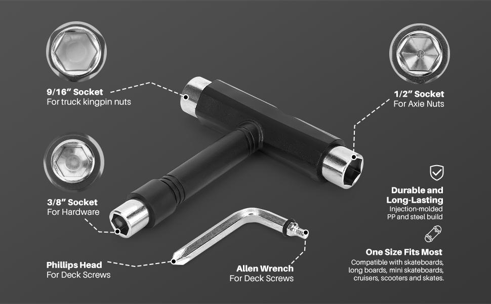 Skate Tools, Multifunctional All-in-One Skateboard Wrench, 2-in-1 Portable T-Type Wrench and Built-in L-Type Cross Head Screwdriver, longboard accessories