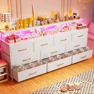 55" W Long Dresser With 10 Fabric Drawers & LED Lights & Power Outlets, Large Dresser For Bedroom, Room Decor, Home Decor, Suitable For 60" TV, White summervibes☀️