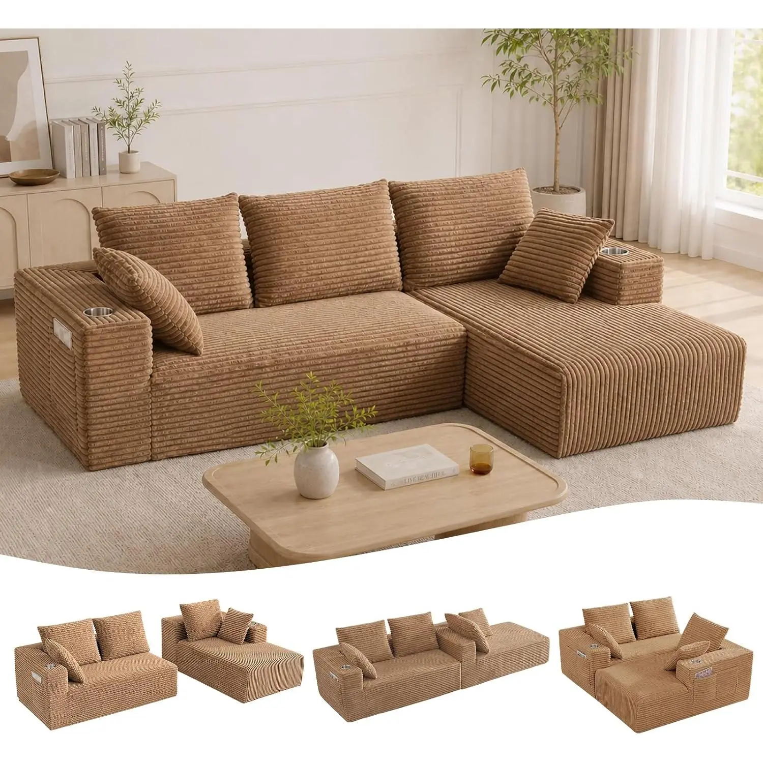 93.7" Modular Sectional Sofa Couch,4-Seater Boneless L Shaped Cloud Couch,Comfy Sofa Chaise Longue,Upholstered Corduroy Couches Loveseat Sleeper with Deep Seat for Living Room Bedroom,No Assembly Required