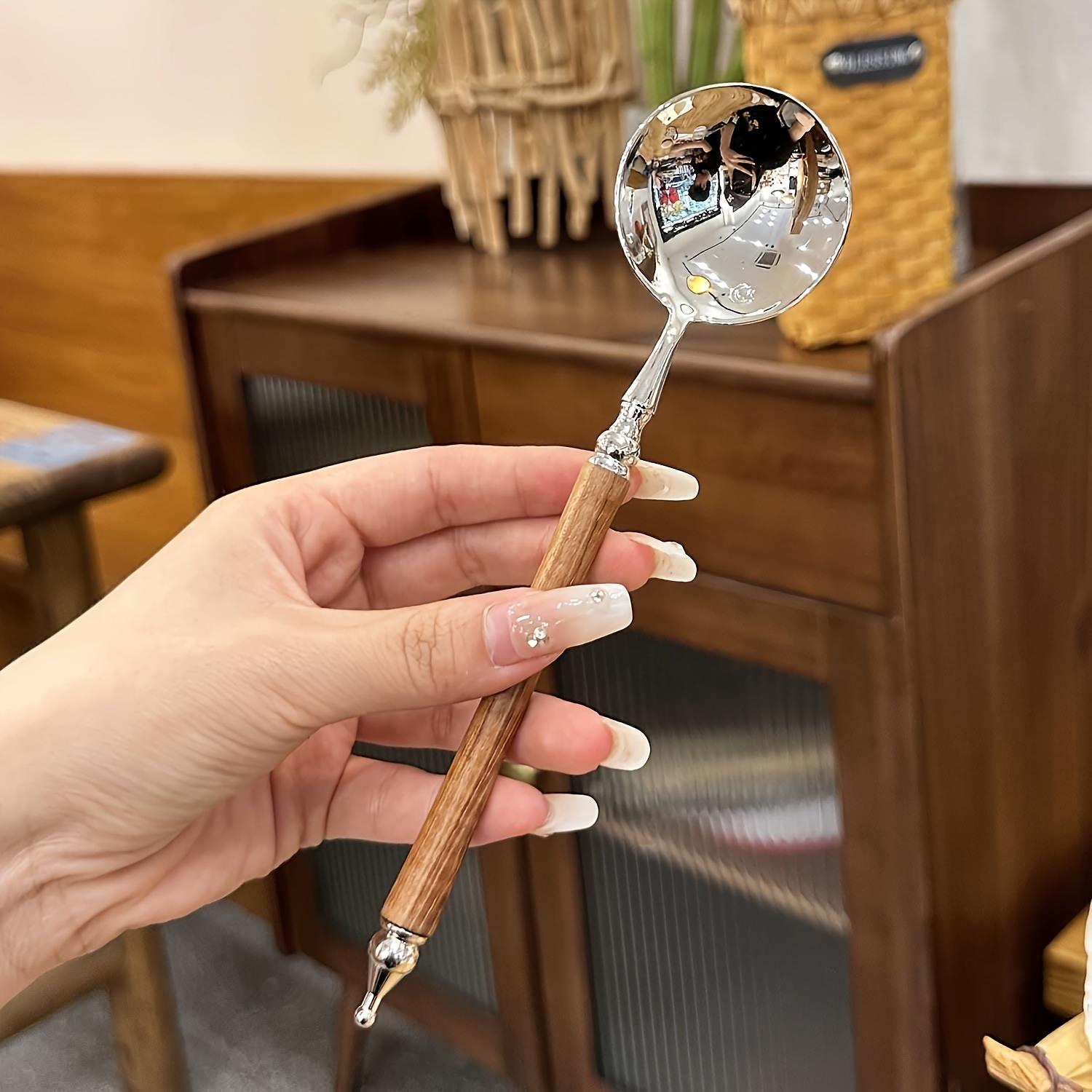 1/2/4pcs Stainless Steel Spoons, Faux Rosewood Round Spoons, Soup Spoons, Tablespoons, Dessert Spoons, Soup Ladles