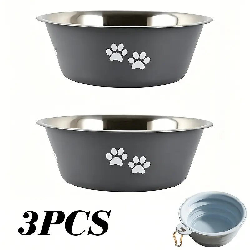 3pcs Count Pet Food Water Bowl Combo 2 Stainless Steel Feeding Bowls with Rubber Base Plus 1 Foldable Travel Bowl for All Breeds Puppies Kittens Indoor & Outdoor Pet Supplies