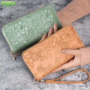 Women's Embossed Floral Long-Shape PU Leather Wallet - Large Capacity, Multi-Pocket, Long Zip, Detachable Strap Wristlet Clutch with Phone Pocket, Matte Card Organizer for Casual Daily Use, Shopping Travel