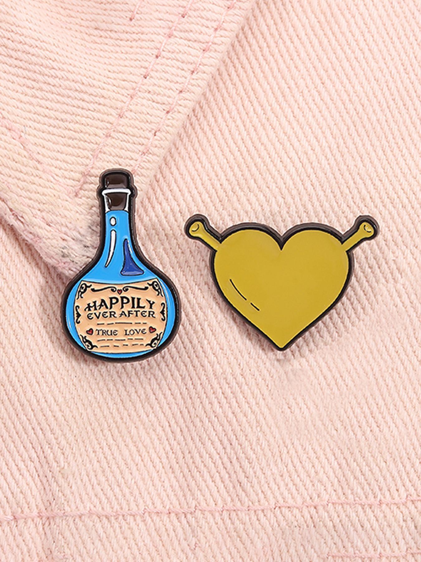 2pcs/set Shrek Enamel Pins Cartoon Green Monster Animation Perimeter Happiness Potion Green Heart Metal Brooches Lapel Backpack Badge Fashion Jewelry Accessories Gifts for Kids Friends