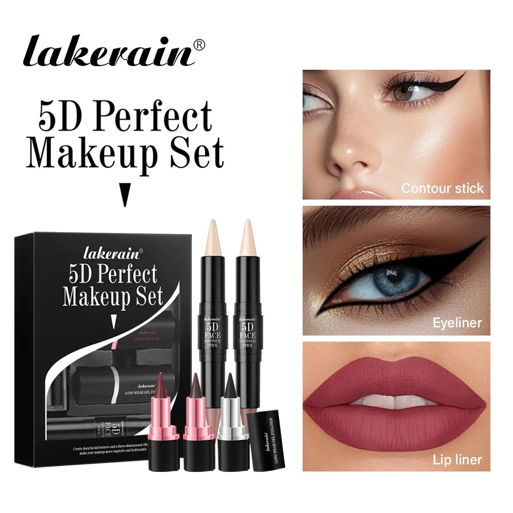 Lakerain 5-Piece Makeup Set, Eyeliner Pencil, Lip Liner, Contour Stick, 3D Contouring, Multi-Functional, Time-Saving, Lazy Person Friendly