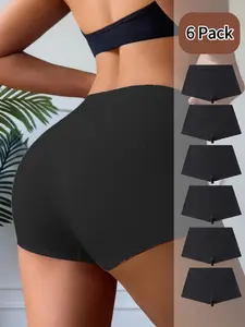 Women's Striped Solid Color Mid-Waist Seamless Briefs, Lightweight Breathable Comfort, Simple Daily Basic Safety Shorts, 6 Pack