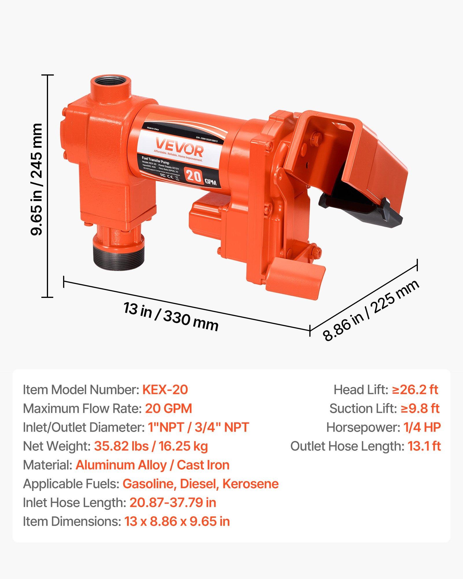 VEVOR Fuel Transfer Pump, 12V DC 20 GPM 1/4 HP Diesel Pump, Extractor Pumps with Manual Nozzle, Discharge Hose and Suction Pipe, for Gasoline, Diesel, Kerosene, Ethanol-Methanol Blends & Biodiesel VEVOR Fuel Transfer Pump, 12V DC 20 GPM 1/4 HP Diesel Pump, Extractor Pumps with Manual Nozzle, Discharge Hose and Suction Pipe, for Gasoline, Diesel, Kerosene, Ethanol-Methanol Blends & Biodiesel