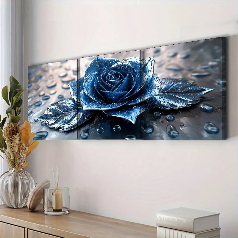 30x 40cm (11.81x 15.75inch )x3 framed oil painting < Silver Rain Blue Rose >   (1 piece) suitable for home, living room, cafe, office wall decoration art, luxurious wall painting