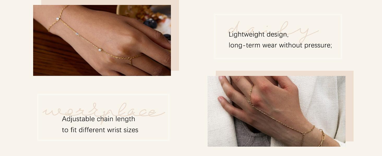 Hand Chain 18K Gold Plated Stainless Steel Non Tarnish Link with Finger Ring Bracelet Stacks Valentines Day Gifts for Her Waterproof Jewelry Gold Handchain Indian Bracelets for Women