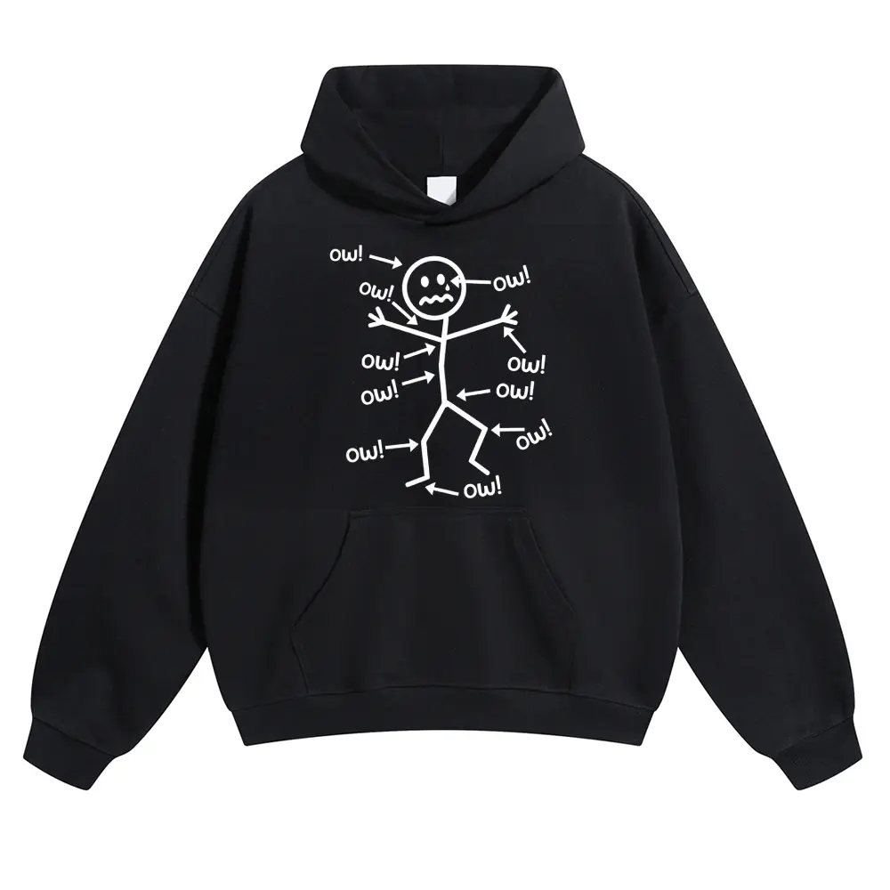 Unisex Ow! Simple stick figure aching all over from long hours at work Graphic hoodie Personalized Pattern Y2k Clothing Round Neck hoodie,Women's Clothing 100% Cotton, Menswear, Top, Vintage Style,Summer Casual Oversized