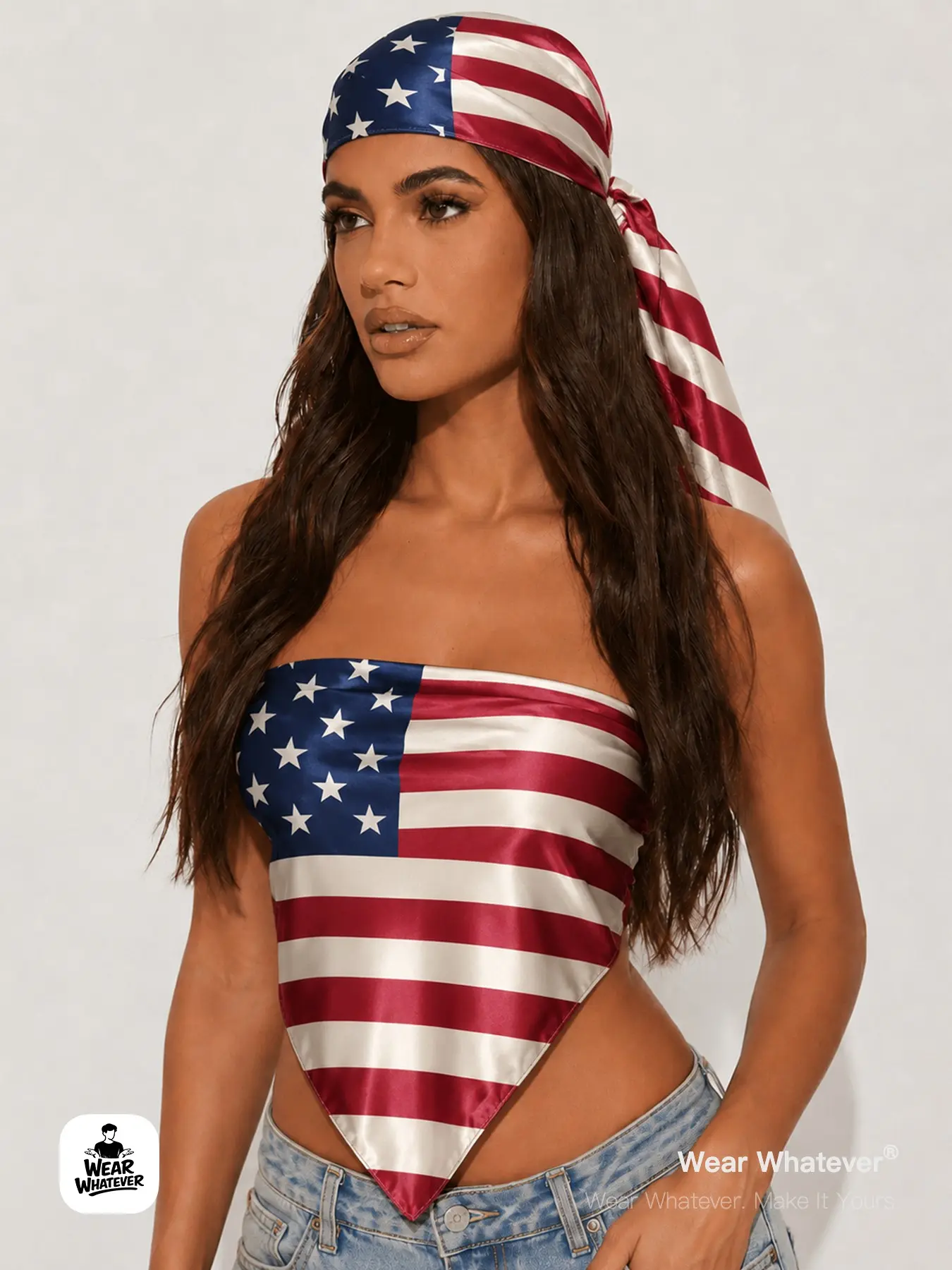 Wear Whatever Women’s Large Satin Flag Print Scarf, Convertible Head Scarf Bandana Top, Silky Hair Wrap and Summer Vacation Festival Outfit Accessory