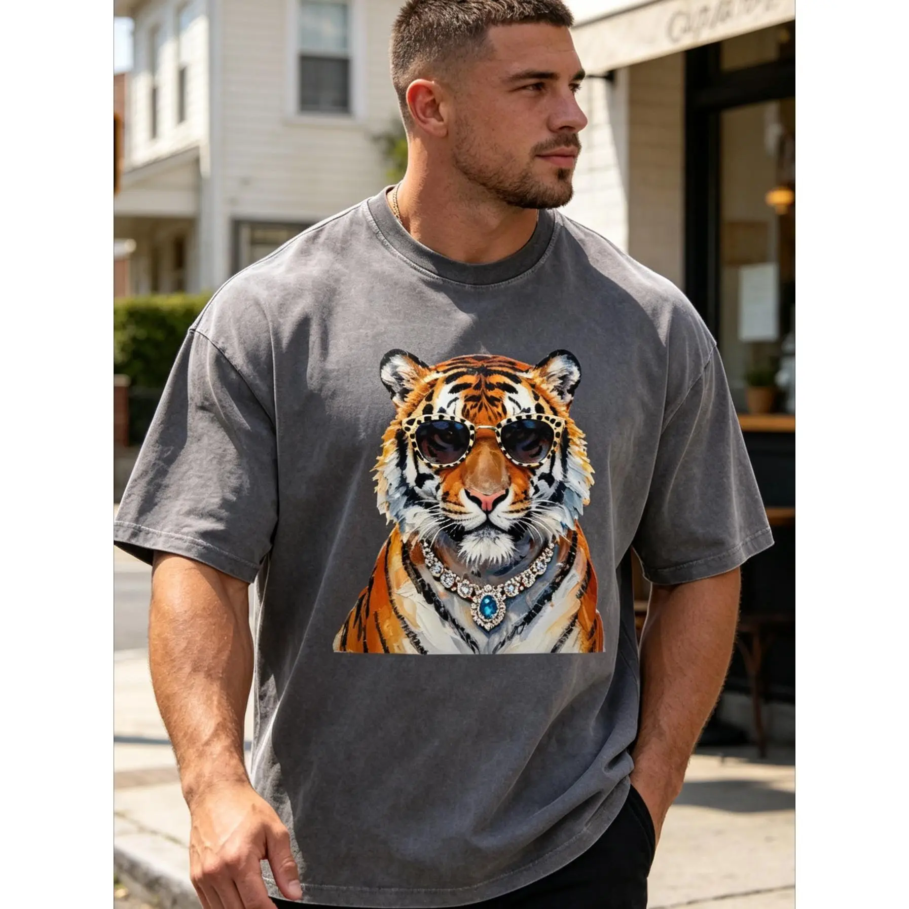 Oil Painting Tiger With Leopard Print Sunglasses Blue Gem Diamond Necklace Graphic Washed Oversized T-Shirt, Cotton Soft Breathable Skin Friendly Casual Tee, Viral Boujee Western Glam Y2K Streetwear for men Teen Girls