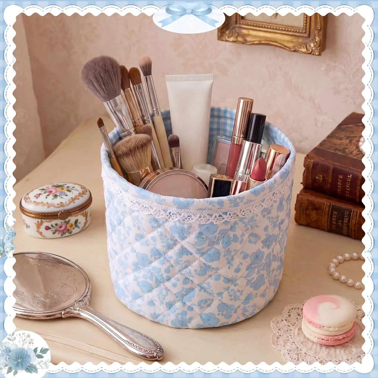 2 count  Quilted  Brush Storage Baskets Quilted Blue Small Makeup Holder Lace Floral Desk Container Organizer Cute Bedside  for Women Flower Travel Toiletry Bag