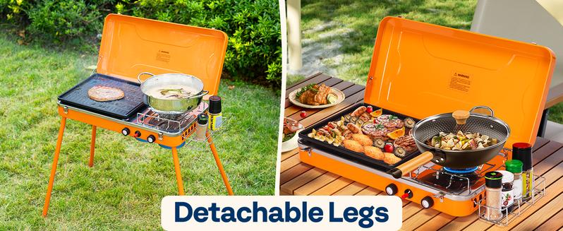 2-in-1 Gas Camping Stove with Detachable Legs, Portable Propane Grill, 20000 BTU Tabletop Grill Cooker for Party, Camping, Picnics, Backyards