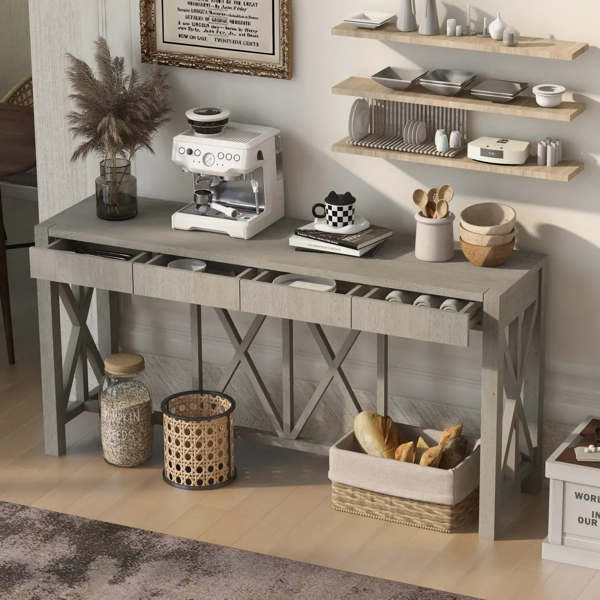 AobtkelU_Style 60''Acacia Veneer Console Table with 4 Spacious Drawers, Modern Crisscross Design Entryway Table with Open Bottom Storage,Farmhouse Sofa Table for Living Room,Kitchen,Dining Room,Hallway