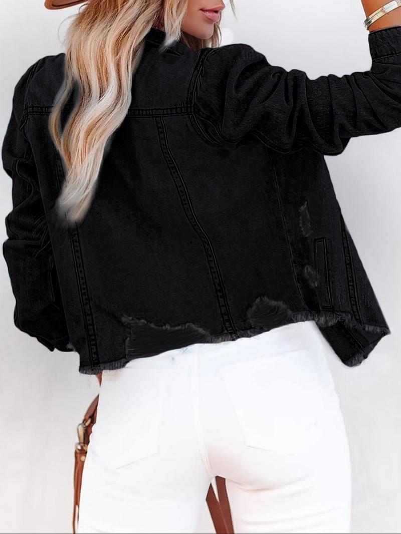 Women's Plain Ripped Raw Hem Denim Jacket, Casual Long Sleeve Button Front Outerwear for Daily Wear, Ladies Clothes for All Seasons