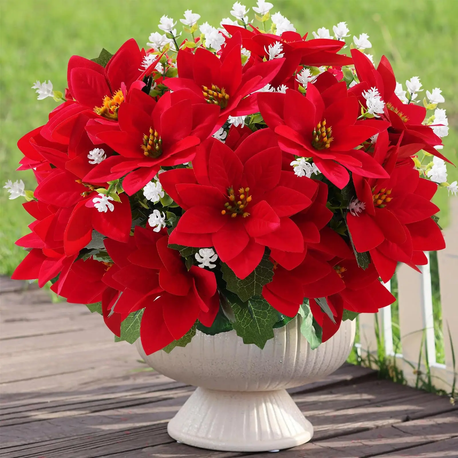 12Pcs 14.2inch Artificial Poinsettia Flowers Set, Red Christmas Flowers with White Baby's Breath, Fake Silk Flowers for Outdoor Planters Vase Grave Cemetery Christmas Holiday Home Porch Decor