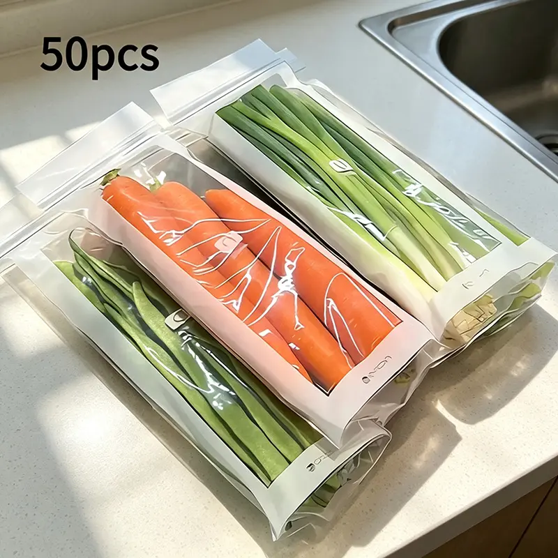 50pcs Long Strip Grade PE Storage Bags with Snap Button |   Airtight and Sealed for Fruits, Vegetables, Meat, and Grains - Space Saving for Refrigerator and Freezer, Transparent, Durable, Disposable