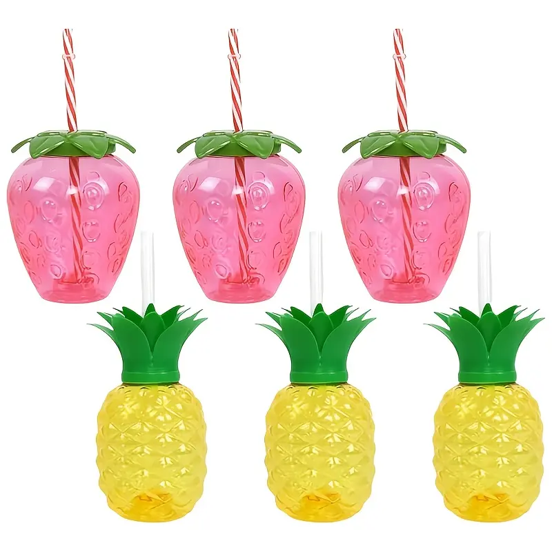 6-Pack reusable strawberry/pineapple Hawaiian party supplies with lidded straws, cute strawberry straws, water bottles, birthday party decorations, tabletop drink cups (cold drinks only)