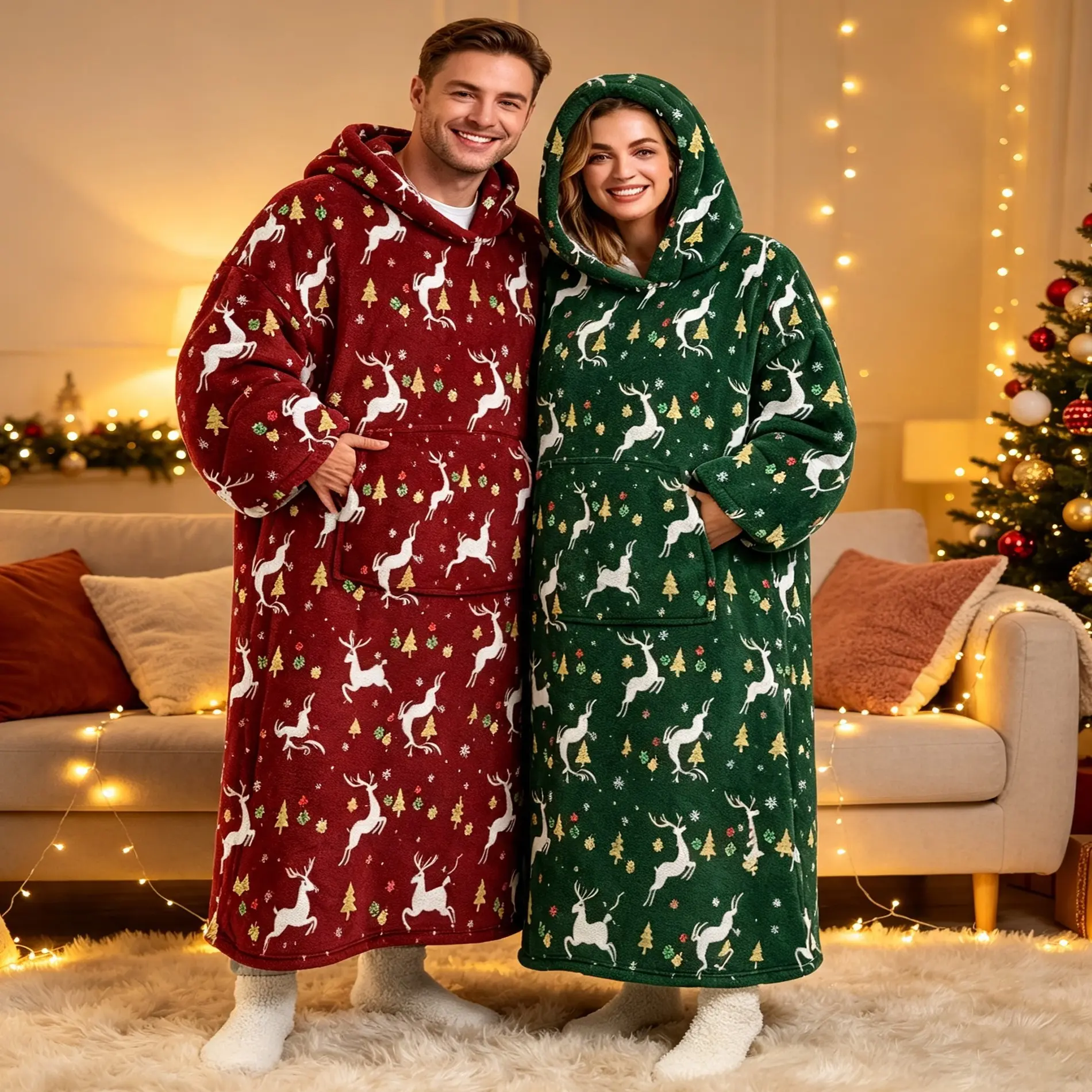 Adult Reindeer Wearable Blanket Hoodie, Extra Large Size Christmas Nordic Reindeer Snowflake Print, Soft Flannel, Warm and Comfortable, with Sleeves and Pockets