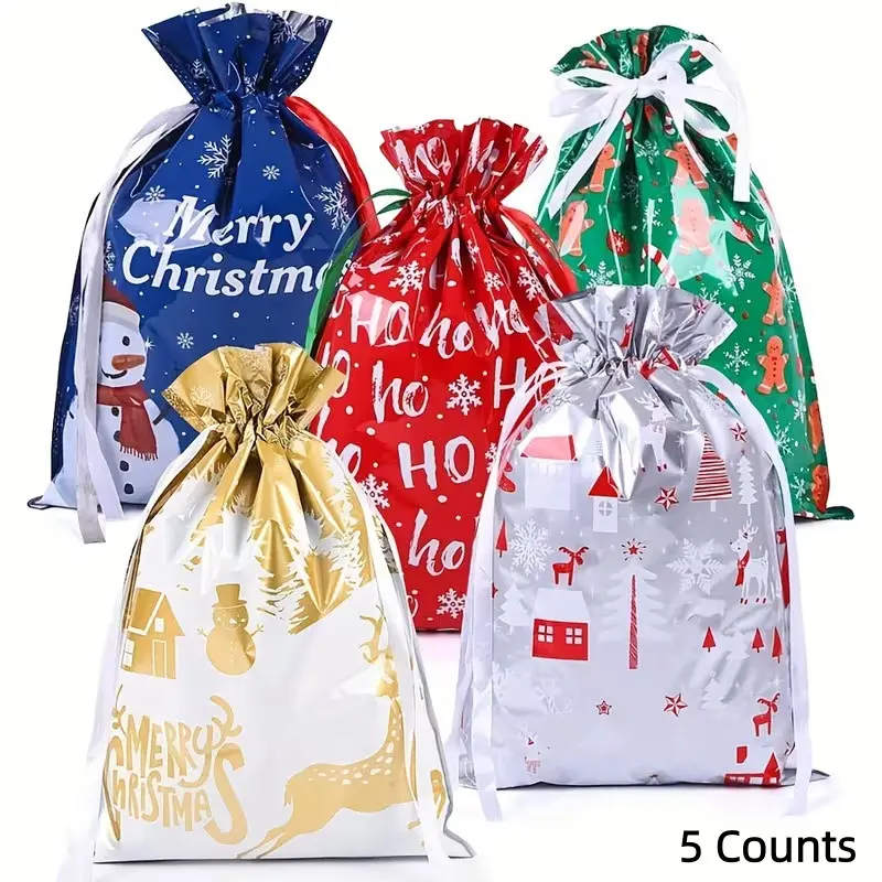 Christmas Gift Drawstring Bag, 5 Reusable Candy Bags with Different Patterns, Gingerbread Man Design, Perfect for Holiday Gifting