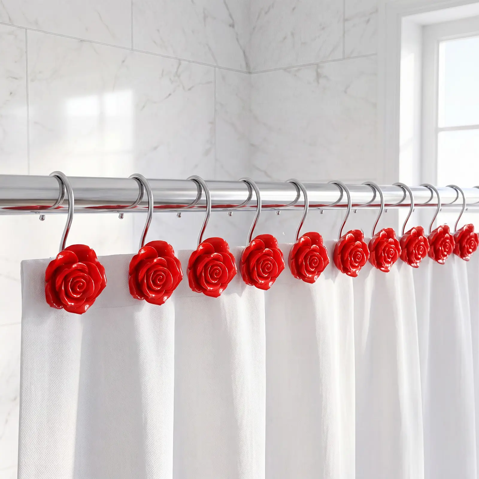 12-Piece Rose Bath Curtain Hooks, Durable Resin Stainless Steel Rust-Resistant, Bathroom Decor, Modern Style, Easy Installation, Waterproof Design
