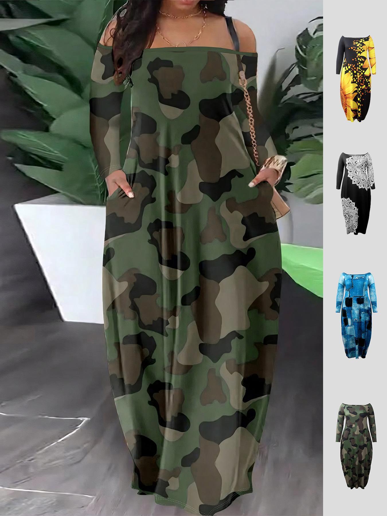 【Plus Size】 Casual Boho Elegant All Over Print Pocket Off Shoulder Dress Long Sleeve Long Dress for Spring & Fall, Women's Clothes for Daily Wear