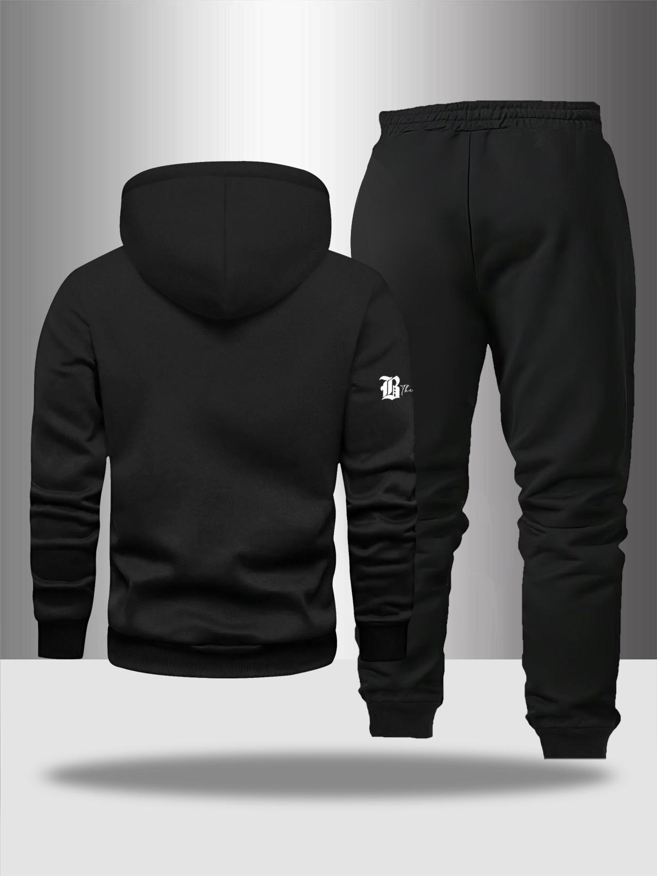 Men's Fall Winter Casual Two-Piece Set, Hooded Sweatshirt & Drawstring Waist Pants, Thicken Fabric, Fitted Style, Letter Print Design
