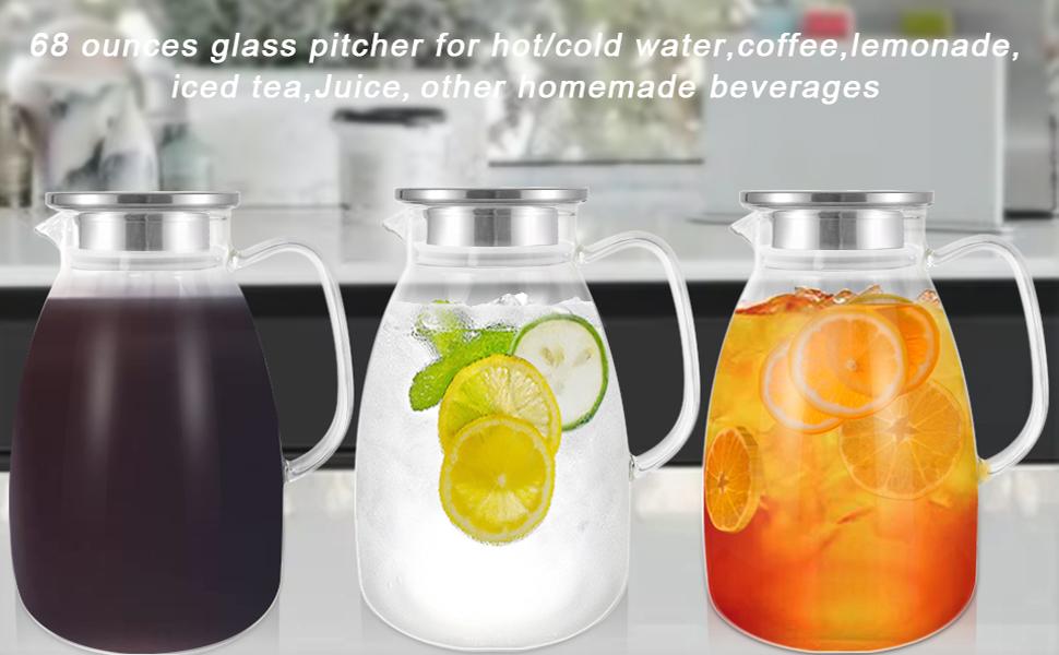 Glass Pitcher with Lid, 68oz Large Water Pitcher with Insulated Handle, Heat Resistant Borosilicate Carafe, Durable Water & Juice Jug for Hot Coffee, Iced Tea, Lemonade & Cold or Hot Beverages