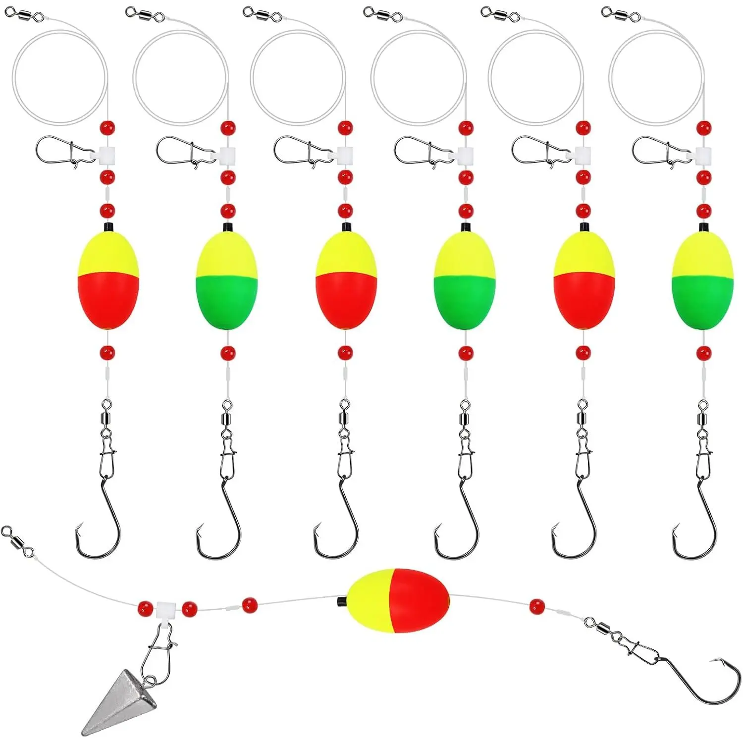 Fish Finder Rigs - 6 Pack (Size 6/0 or 8/0) with 33LB Fluorocarbon Leader - Pre-Assembled Surf Fishing Rigs with High-Carbon Steel Hooks &  Float for Saltwater  Fishing