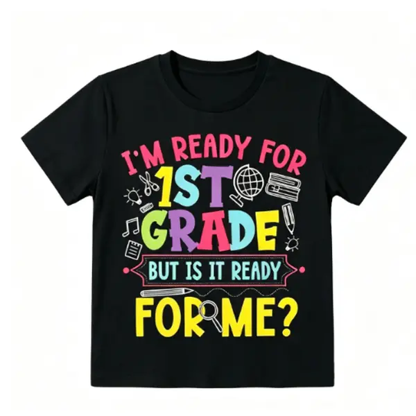 Kids First Grade Ready Graphic T-Shirt - Funny 'Ready For 1st Grade' Text Design With School Supplies Icons, Cute Crew Neck Short Sleeve Tee For Students, Back To School Gift For Boys & Girls