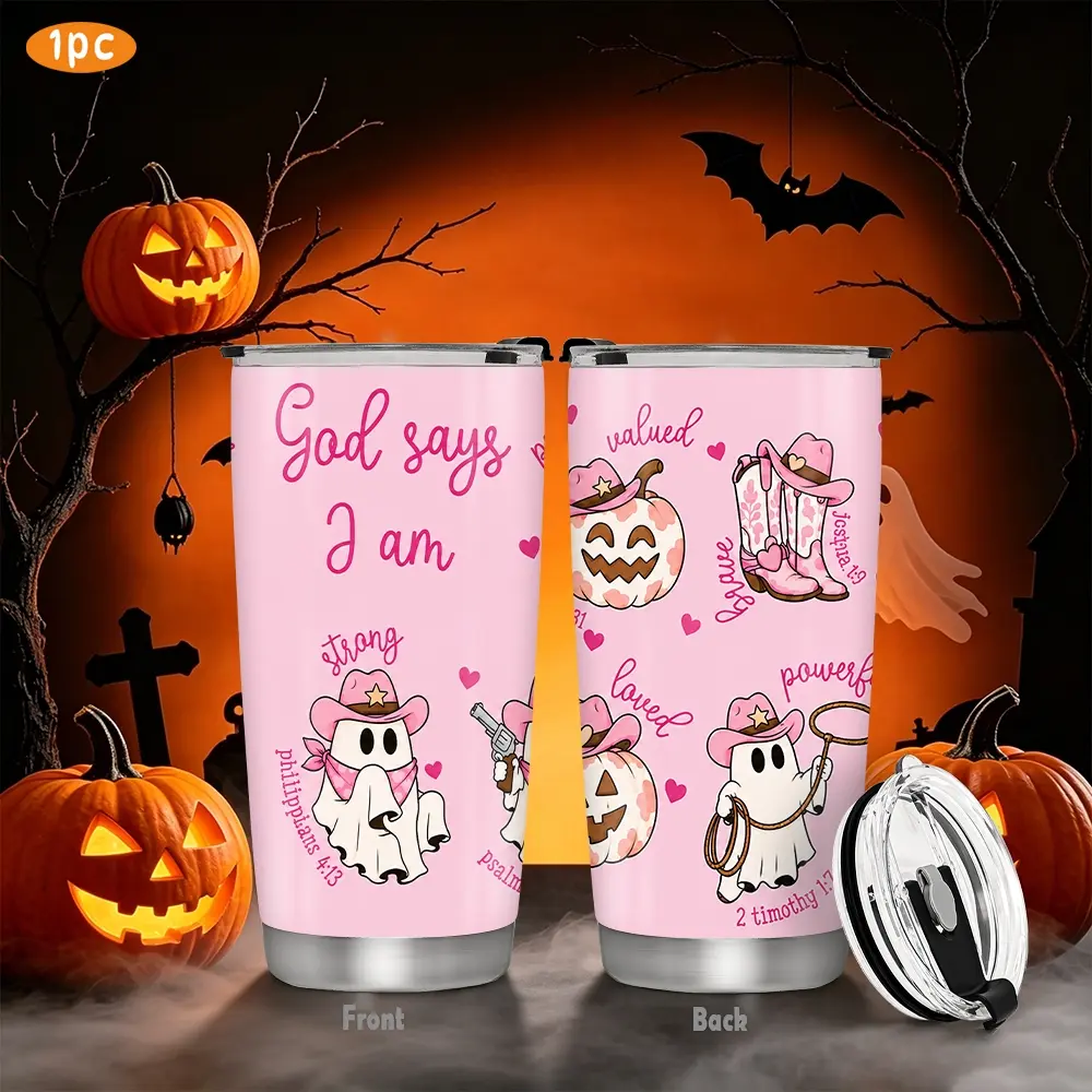 1pc/20oz/590ml/Stainless Steel Insulated Tumblers With Lid,Coffee Travel Mug Cup, Travel Mugs Insulated For Hot And Cold,Pink Cowgirl Ghost Pumpkin Print With Quotes,Halloween Gift,Suitable For Picnics,Outdoor Activities,Holiday Gifts