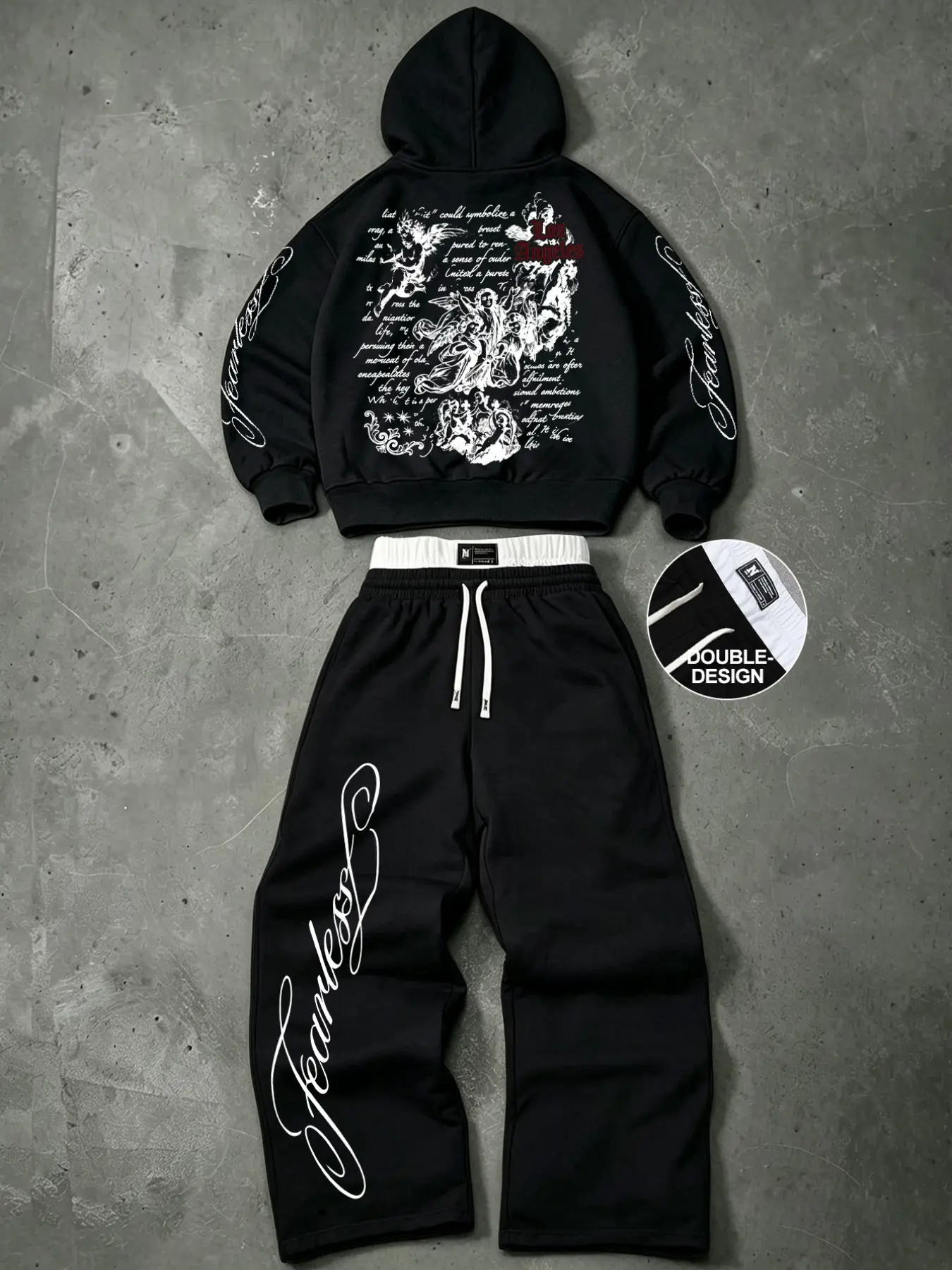Y2K Streetwear Los Angeles Graphic Hoodie Set Unisex Oversized Heavyweight Tracksuit with Double Waistband Baggy Joggers Sweatpants Two Piece Set