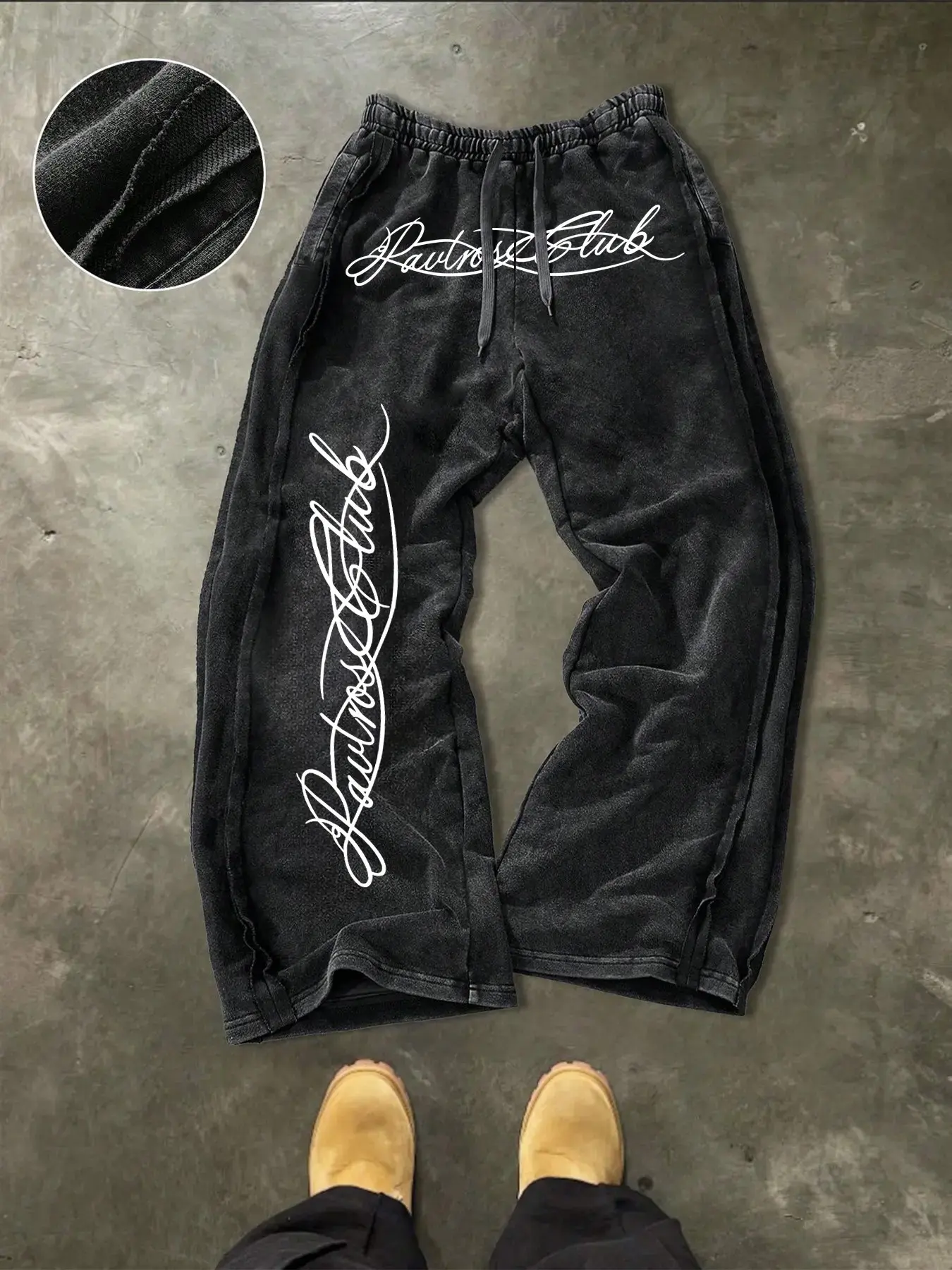 Men Women American Street Vintage Sweatpant, Lounge Pants, Acid Washed Distressed Black Vertical Cursive Signature Graphic Elastic Drawstring High Waist Oversized Floor Length Wide Leg Trouser With Side Raw Edge For Skate Campus Daily Street Wear
