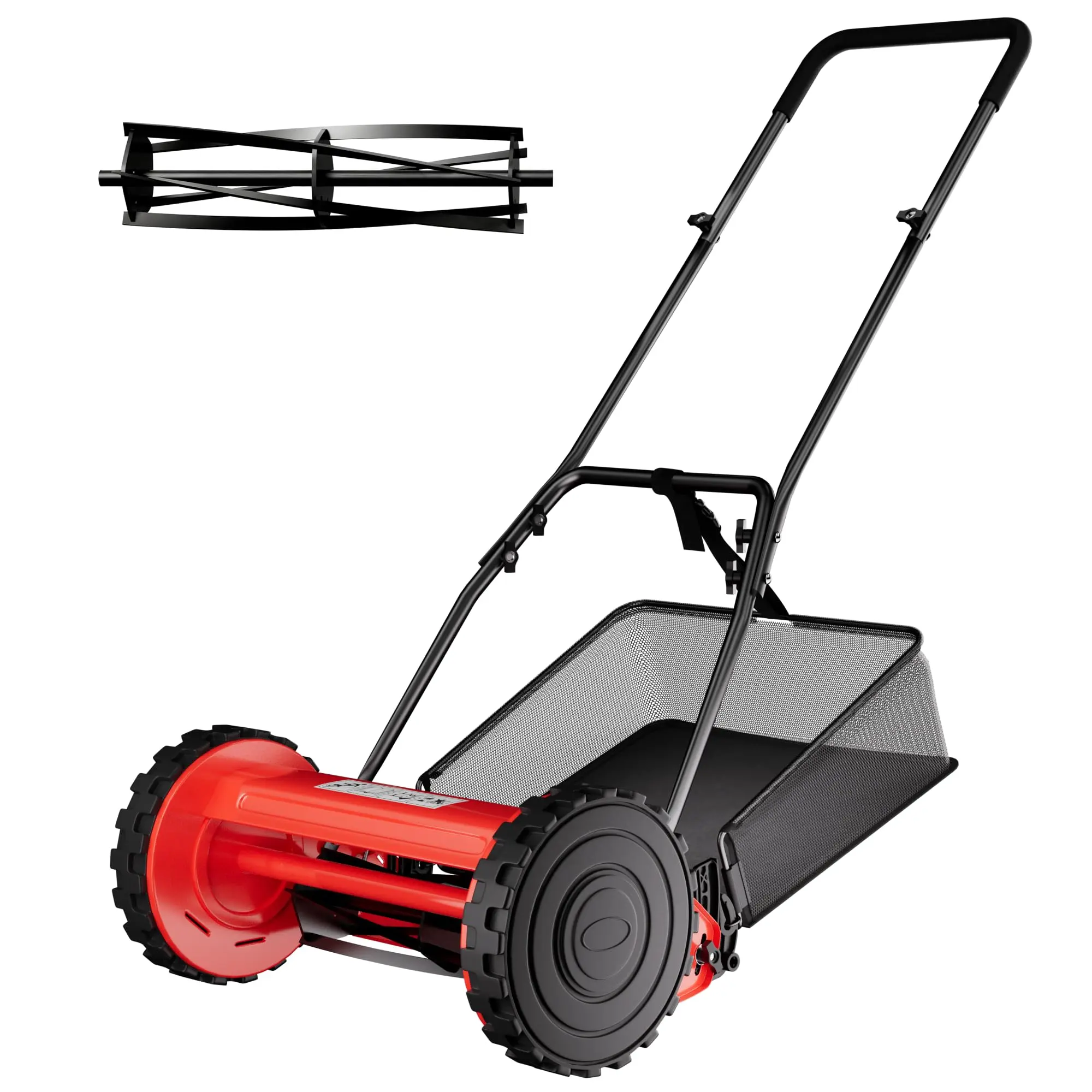 14/16-Inch Cordless Push Reel Lawn Mower, 5-Blade Walk-Behind Manual Grass Cutter with Steel Frame, Adjustable Cutting Height, Soft Grip Handle & 6.7-Gallon Grass Catcher