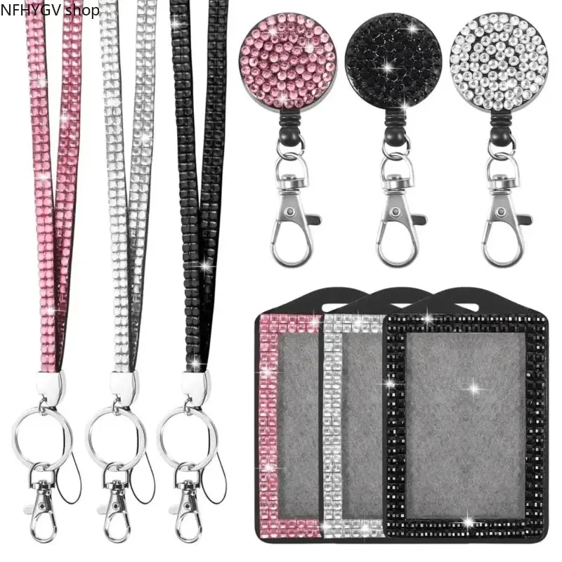 Sparkly Bling Rhinestone Decor Lanyard Sold In 3 Or 4 Pack Bundles, Comes With Elastic Retractable Key Ring For Keys And ID Card Storage, Eye-Catching Fashion Accessory Ideal For Workplace Daily Use, School Carry And All Kinds Of Badge Hanging Scenarios
