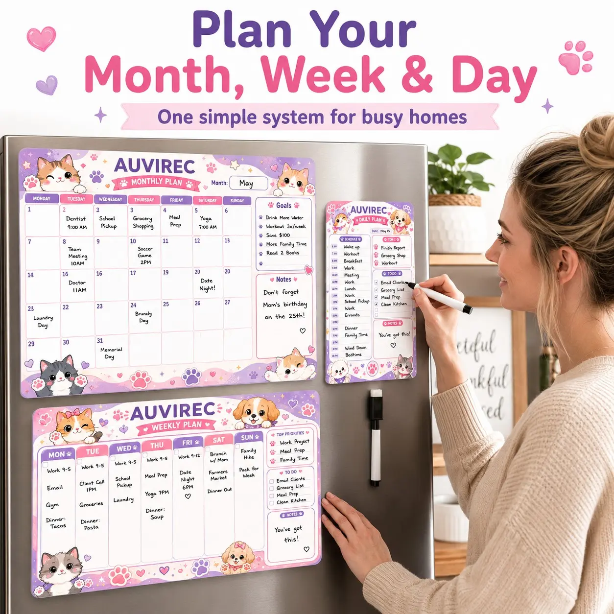 Auvirec 3-Piece Pet Paw Print Sticker Pet Dry Erase Calendar Set, Reusable Family Schedule Board, Kitchen Refrigerator Wall Office Memo Planner