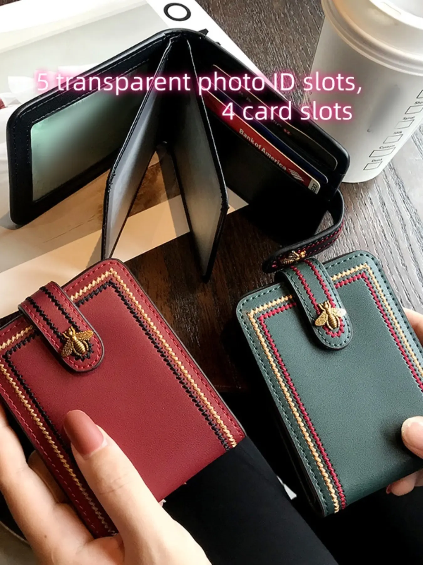 Slim Credit Card Holder, Driver's License Case, Photo Clip, Leatherette, Unisex, Bee Stitch Decoration, 5 ID Slots, 4 Card Slots, Credit Cards Holder