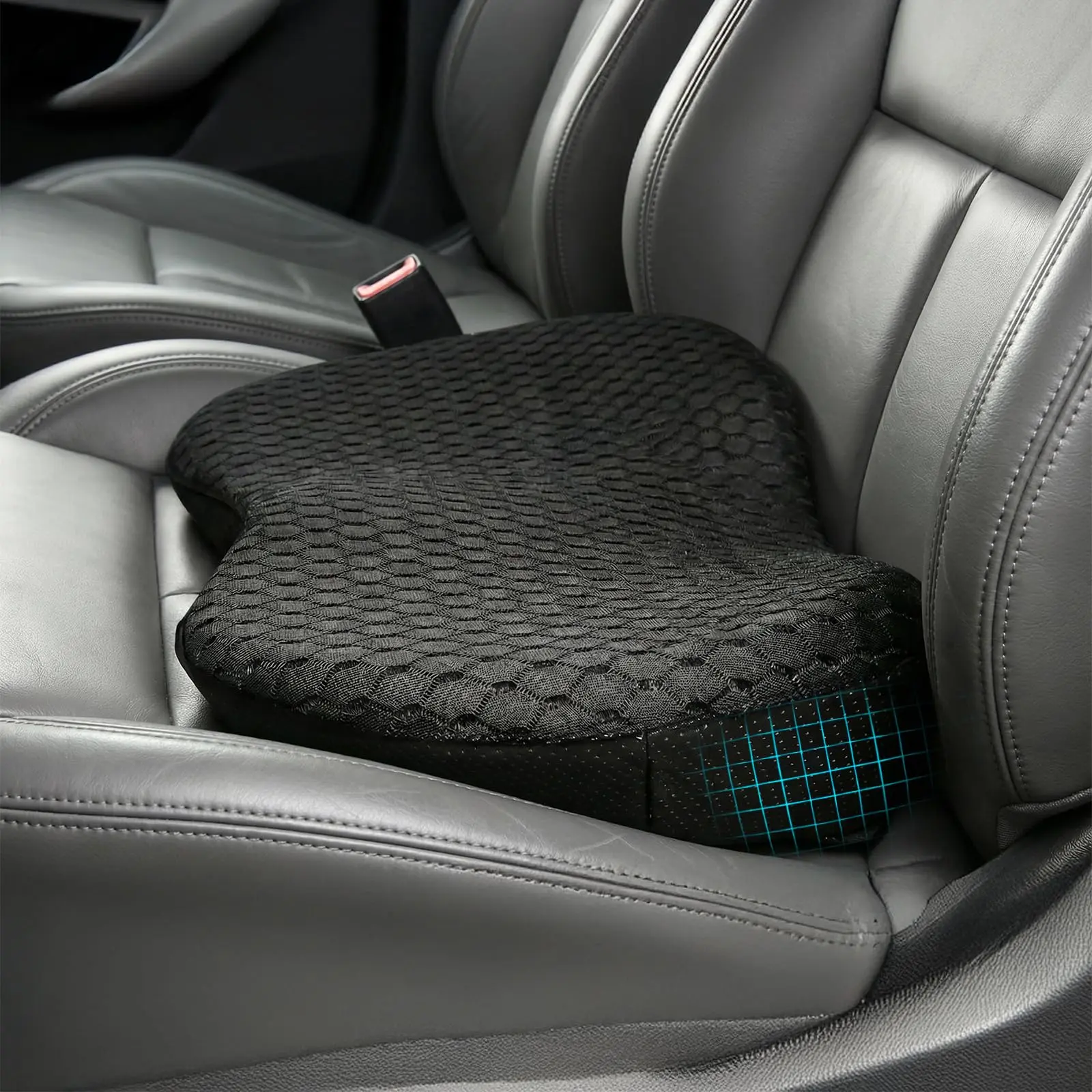 Memory foam car driving cushion with breathable mesh cover, 3D black model, relieves pressure during long sitting, a practical essential for self-driving trips