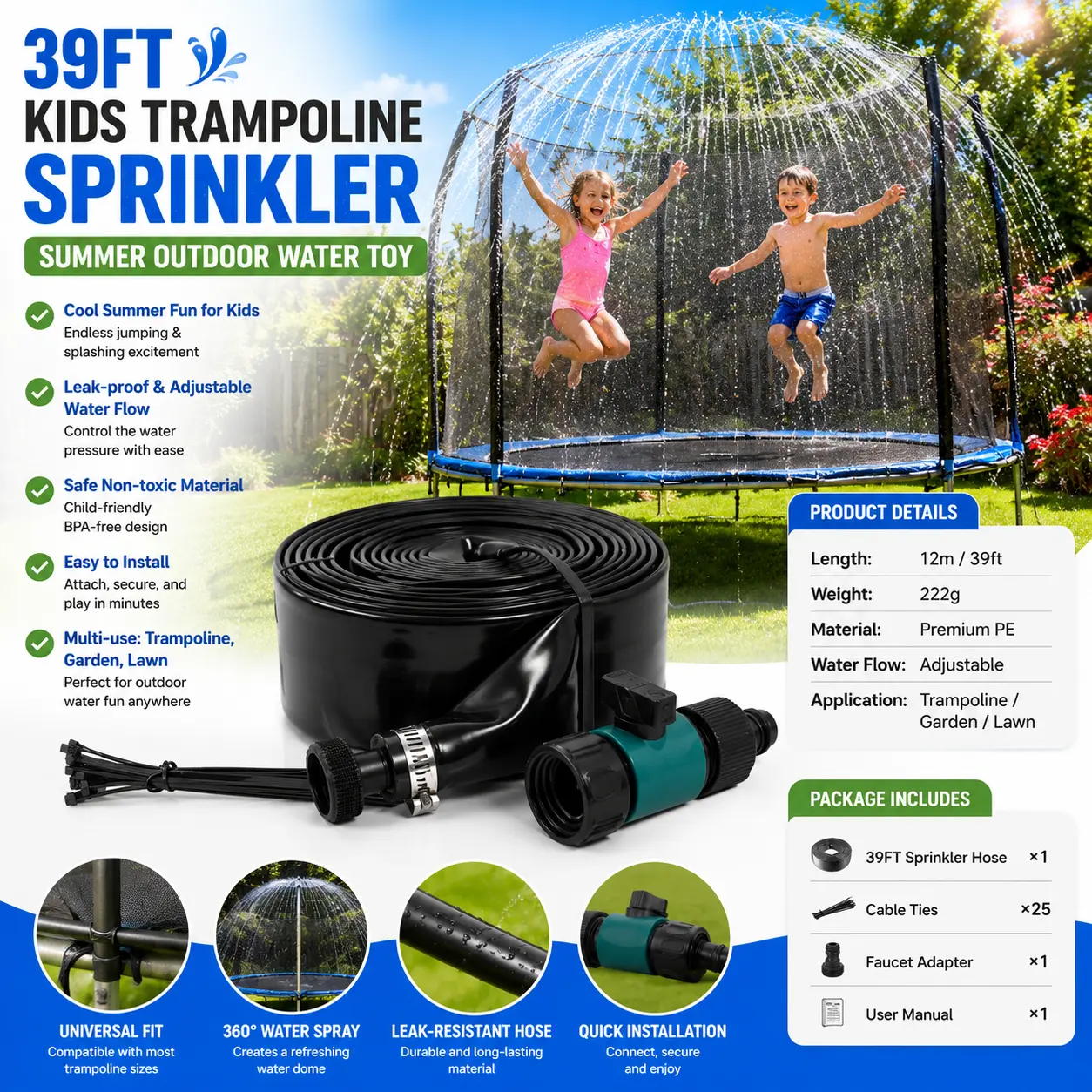 39ft Trampoline Sprinkler - Leak-Proof PVC Mist Sprayer with Cable Ties, Quick-Install Kids' Outdoor Play Toy, Backyard Aquatic Fitness Accessory for Summer Entertainment-2314