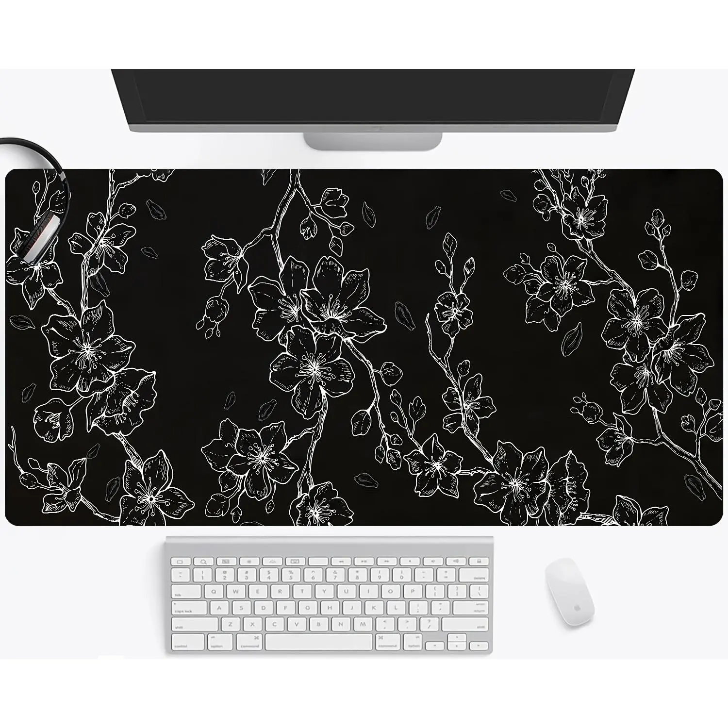 Black & White Cherry Blossom Japanese Floral Mousepad - Anti-Slip Rubber Base Mouse Pad for Desk, Computers, Office Use