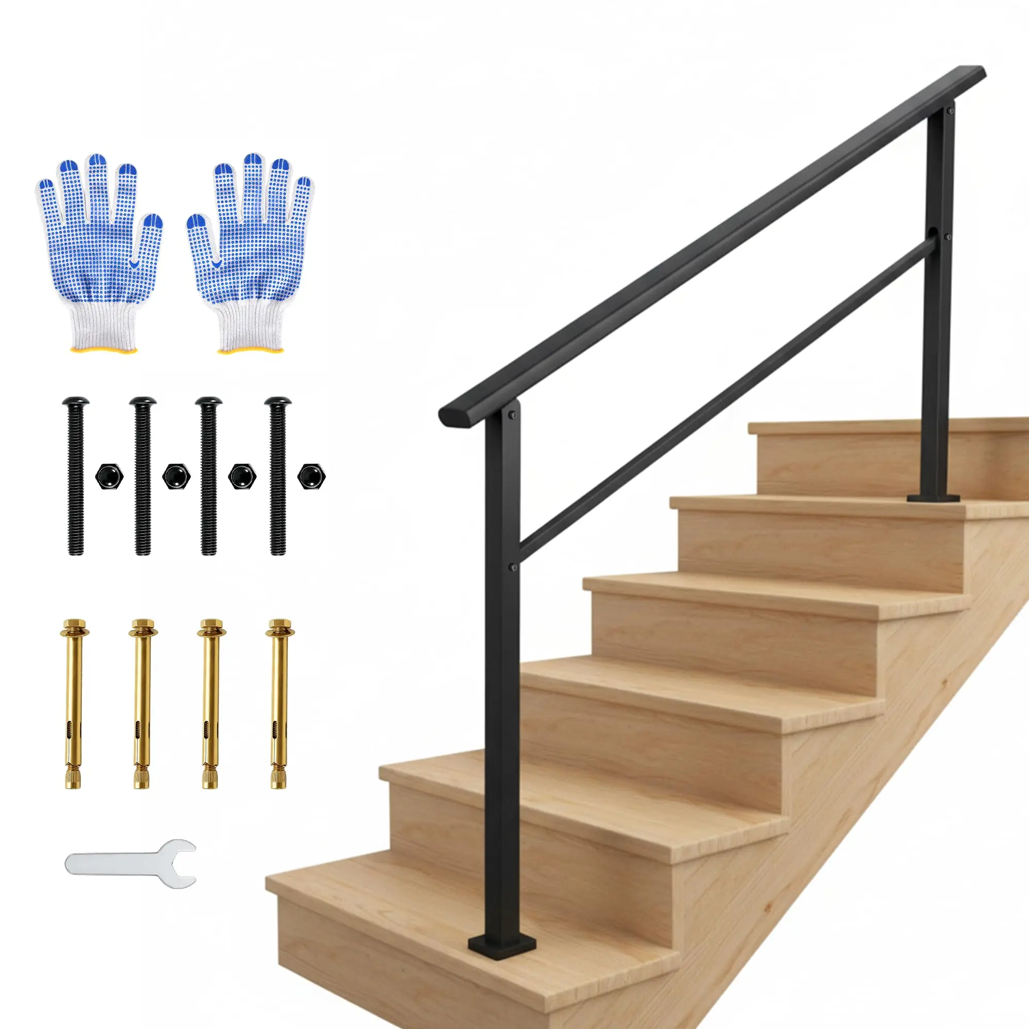 Garvee Outdoor Handrail for Steps, 5 Step Stair Handrail & Indoor Stair Railing Kit, Black Aluminum Railing with Iron Poles for Outdoor Indoor Steps & Porch, Includes Gloves (1 Pack)