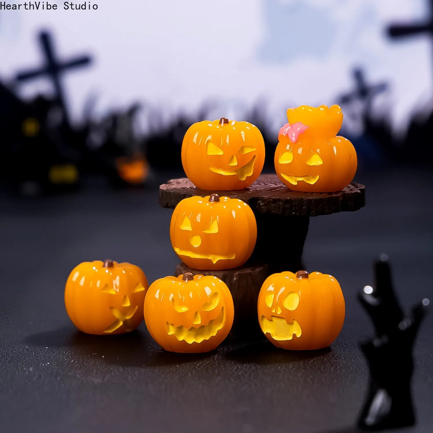12PC Mini Halloween Pumpkin Lights, Resin Jack-O-Lantern Ornaments for Table Centerpiece, Glowing Orange Fake Squash Vase Filler, Tiny Holiday Craft Supplies, Cute Spooky Party Favors Tiered Tray Decor