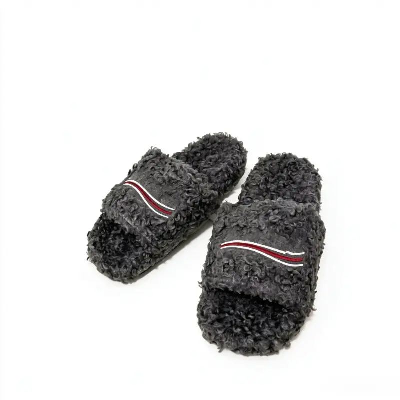 Men Women Universal Fluffy Curly Plush Slide Slippers Classic Stripe Detail Warm Open Toe House Shoes Non Slip Flexible Flat Sole Comfort Indoor Dorm Living Room Lounge Footwear
