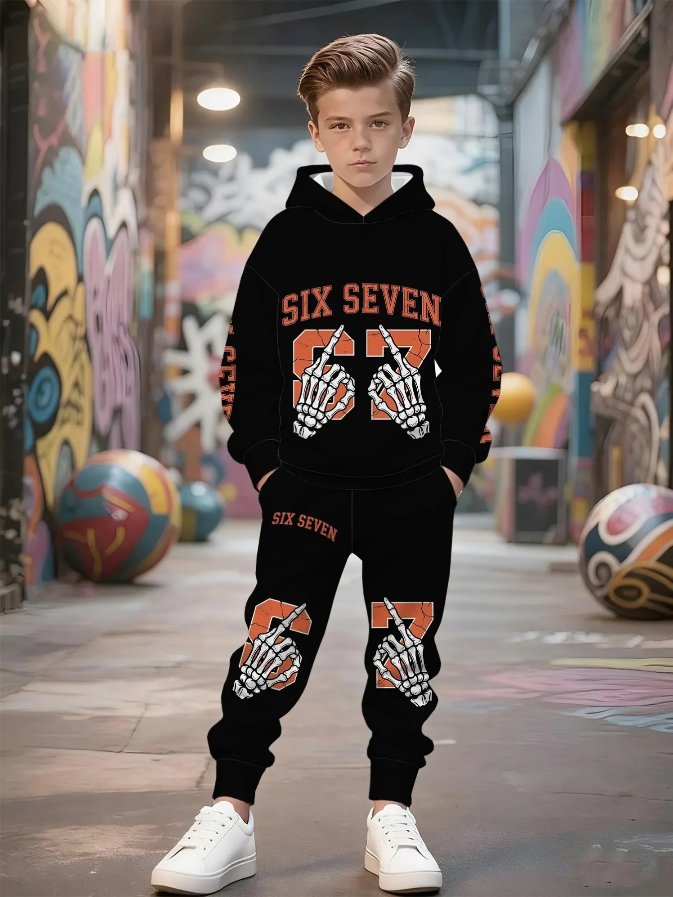 Boy Streetwear Sports Set, Skull Handprint 2-Piece Hoodie Jogger Set, Cool Gothic Kids, Suitable for 5-14 Years