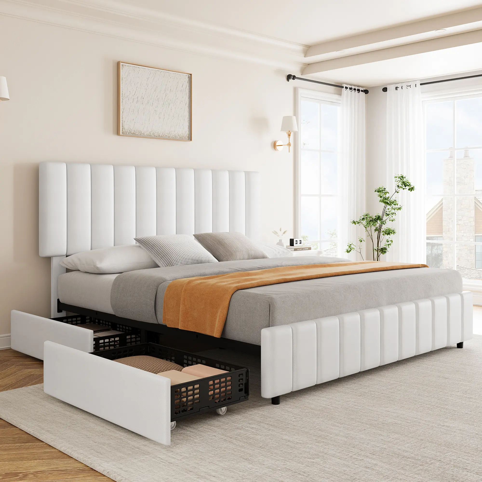 Queen Bed Frame with 4 Storage Drawers, Upholstered Platform Bed with Adjustable Tufted Headboard, White PU Leather Bed Frame, Noise-Free, Wood Slats Support, No Box Spring Needed