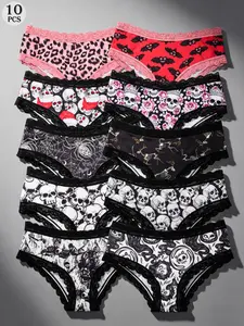 Morvia 10Pcs Y2K Gothic Low Waist Bikini Set for Women, Unique Design, Casual Style, Fitted, Random Print, All Seasons, 10 Pieces