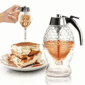 8oz No Drip Glass Honey Dispenser, Bee Themed Honeycomb Syrup Container with Stand, Clear 6 Inch Storage Jar for Honey & Maple Syrup