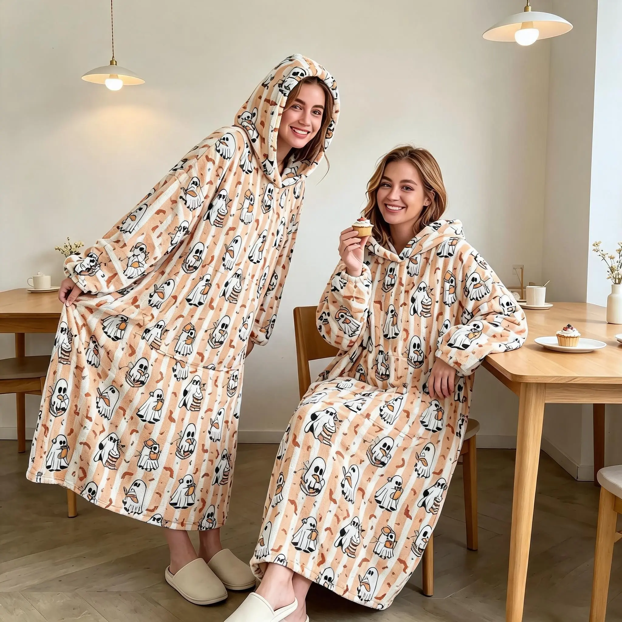 Cute Ghost Print Flannel Wearable Blanket, Light Striped Reading Hooded Lazy Blanket, Halloween Home Blanket, Fall Gift
