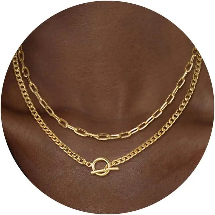 Dainty 14K gold layered necklaces for women trendy Cuban link paperclip chain toggle clasp necklace fashion chunky jewelry for women