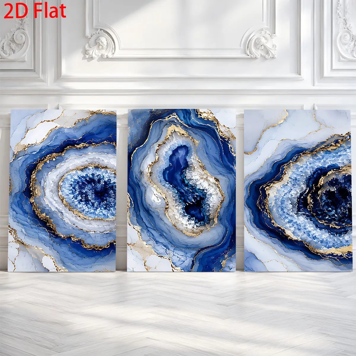 Three-piece 2D canvas wall art set - three blue agate pattern canvas paintings with gold edges and a white wall theme, waterproof canvas prints, ready to hang. Suitable as home decor gifts for Father's Day, graduation ceremonies, birthdays, the US Indepen